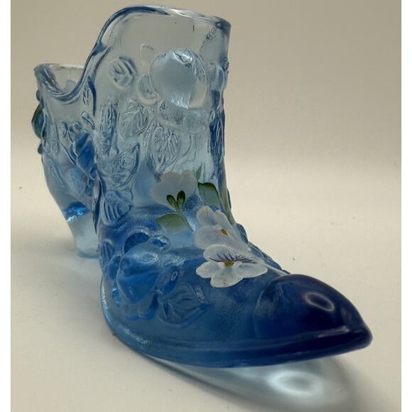 Fenton Other - Fenton Blue Floral Hand Painted Glass Victorian Shoe Slipper 6 Inches Signed